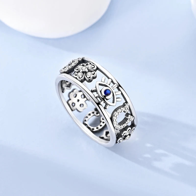 MULA Wedding Band Rings for Women Man 925 Sterling Silver Evil Eye Hand Celtic Knot Four-Leaf Clover Ring Stackable Jewelry Gift - Rings & Jewelry from Linloft.