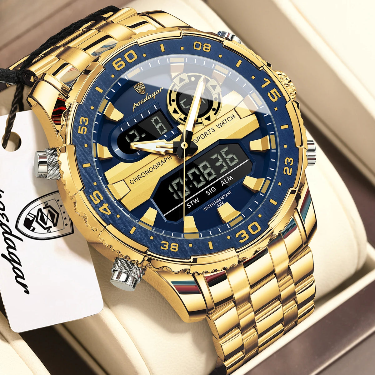POEDAGAR Functional Electronic Man Wristwatch Week Date LED Luminous Oversized Fashion Quartz Men Watch Dual Time Digital Military Men's Watches Reloj - Apparel & Accessories from Linloft.