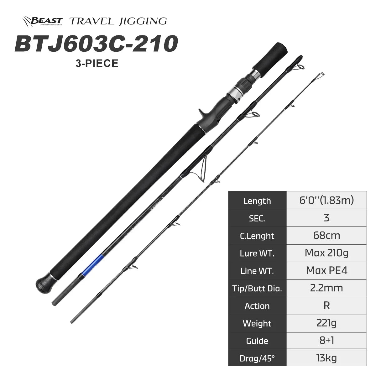 Portable 3-Piece Travel Jigging Rod