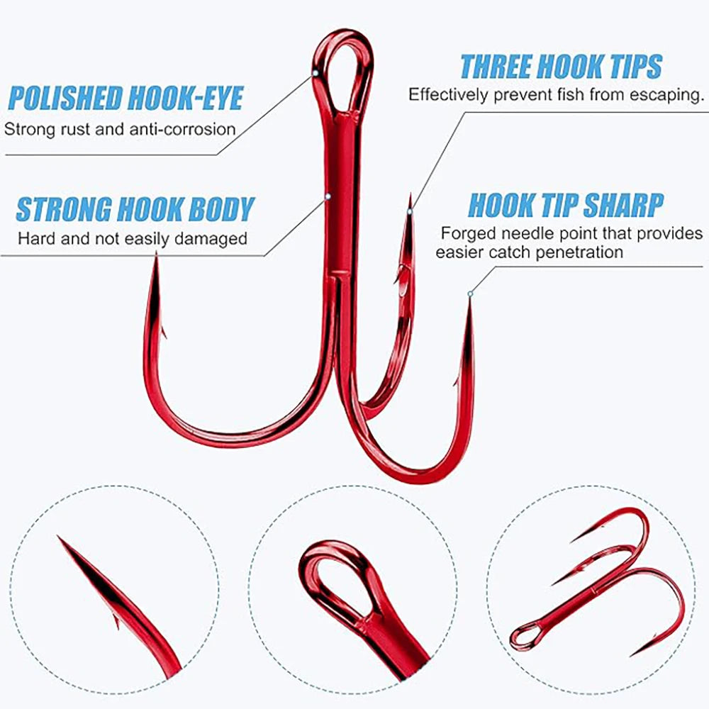 50pcs/box Triple Fishing Hooks Set Carbon Steel Barbed Treble Fishhooks for Lures Sea Fishing Accessories Tackle Tools