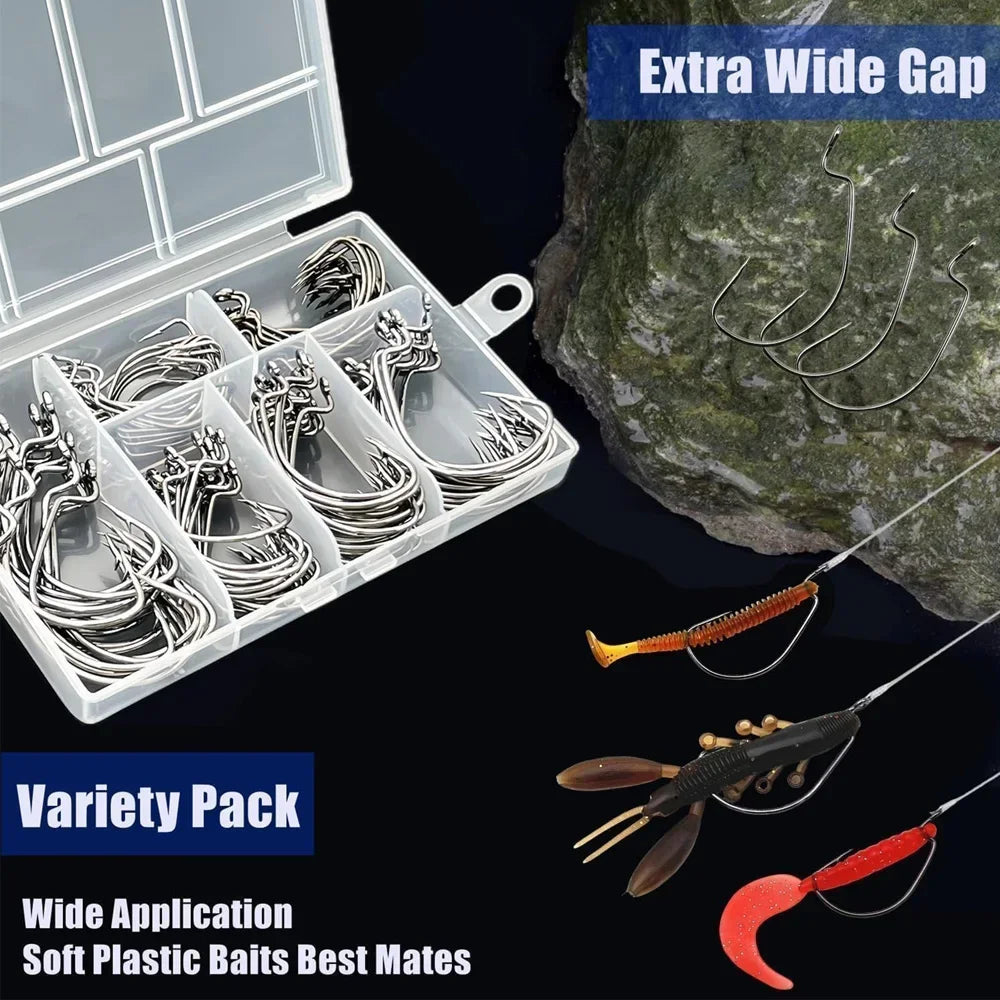 Worm Hooks Boxed Wide Gap Texas Rig Jig Crank High Carbon Steel Offset Barbed Worm Hook Set Fishing Tackle Soft Lure Fishhook
