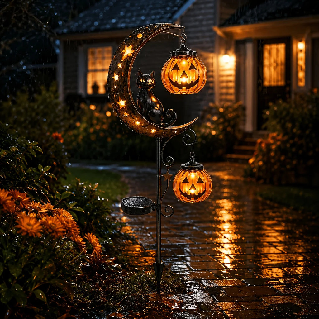 For Halloween Solar Garden Stake Lights, Crescent Moon Black Cat Double Pumpkin Lantern LED Path Light, Auto On/Off Warm Spooky Glow Jack O Lantern Yard Lawn Patio Decor, Rustic Iron Weather Resistant Outdoor Ornament for Hal