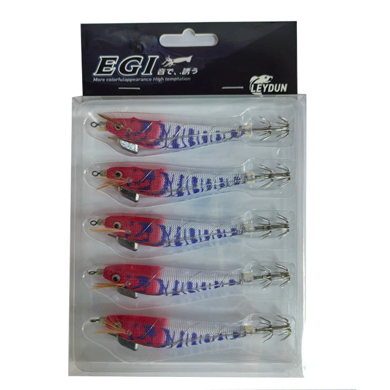 Luminous Wood Shrimp Squid Jigs, 5-Pack - Fishing Tackle from Linloft.