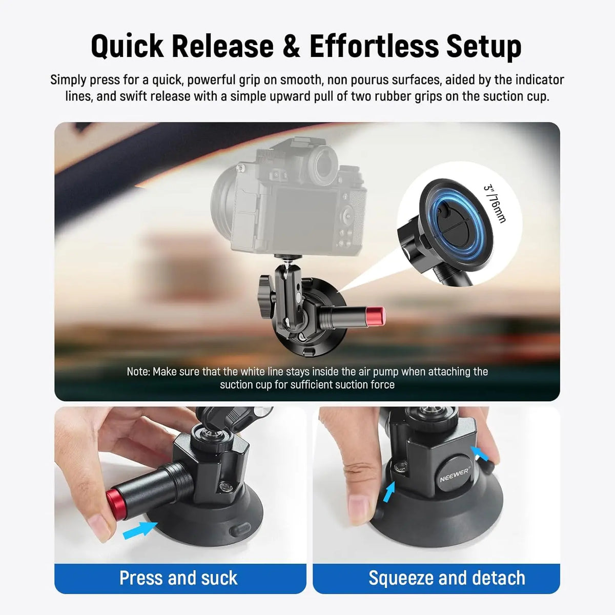NEEWER 3" Suction Cup Camera Mount Bracket with Ball Head Magic Arm Quick Release Car Mount For iPhone DJI Insta360 CA104