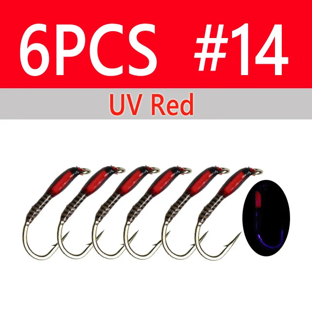 Wifreo 6PCS UV Glow Epoxy Buzzer Midge Nymph Fly Fluorescent Peacock Quill Nymph Trout Perch Grayling Fishing Lures Bait #10~#16 - Fishing Tackle from Linloft.