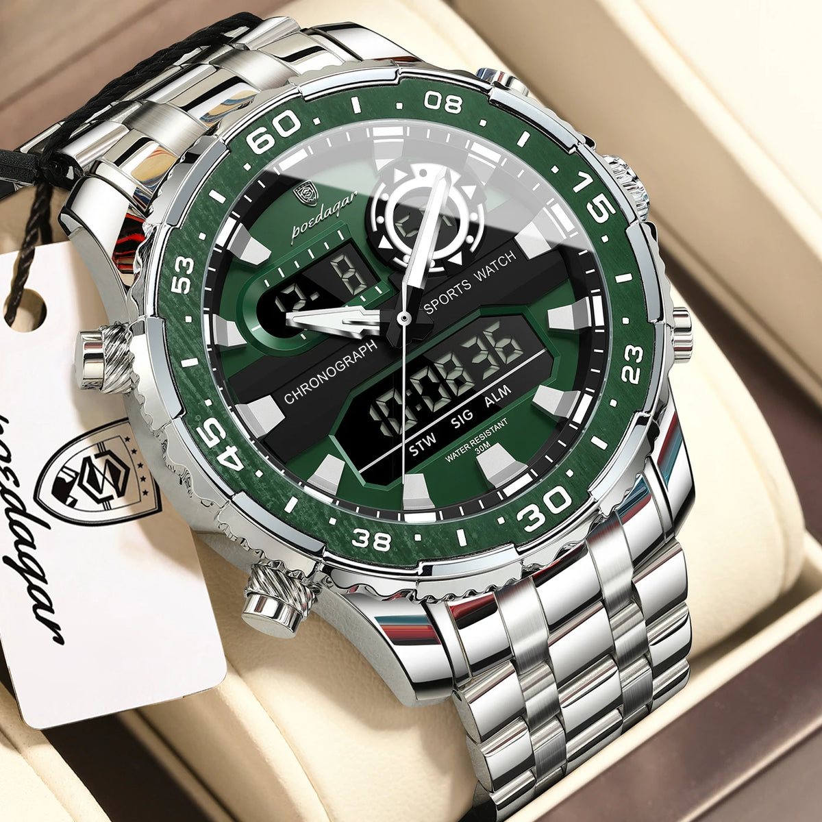 POEDAGAR Functional Electronic Man Wristwatch Week Date LED Luminous Oversized Fashion Quartz Men Watch Dual Time Digital Military Men's Watches Reloj - Apparel & Accessories from Linloft.
