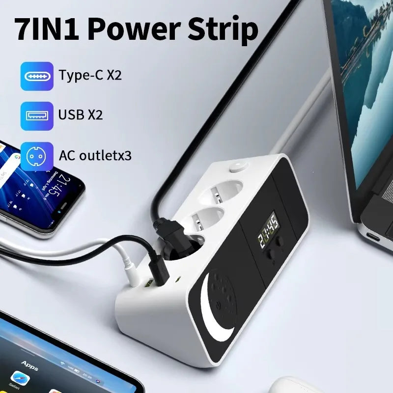 EU Angle Extension Power Strip With Night Light Clock 2 USB 2 Type‑C Ports for Desktop Home Indoor Application - Electronics & Accessories from Linloft.