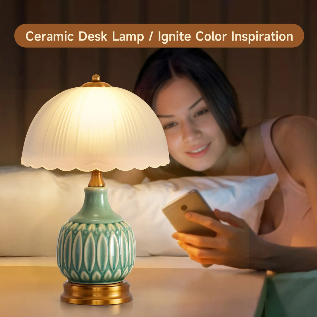 Retro Ceramic Bedside Lamp with Pleated Glass Shade, Green Glaze
