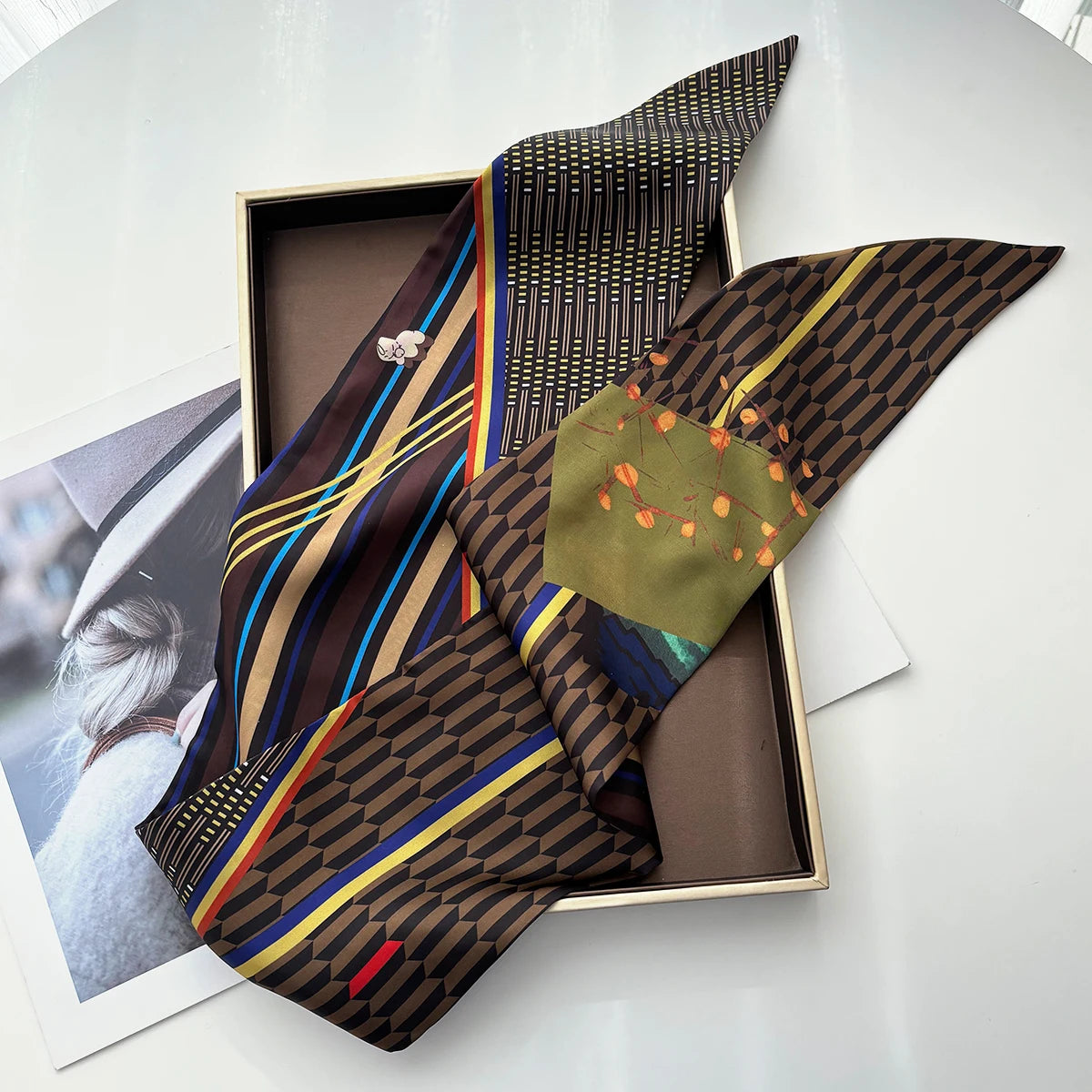 Skinny Scarf for Women Silk Ribbon, Elegant Print Neckerchief, Hair Band Handbag Tie Wrist Belt Fashion Accessory Gift