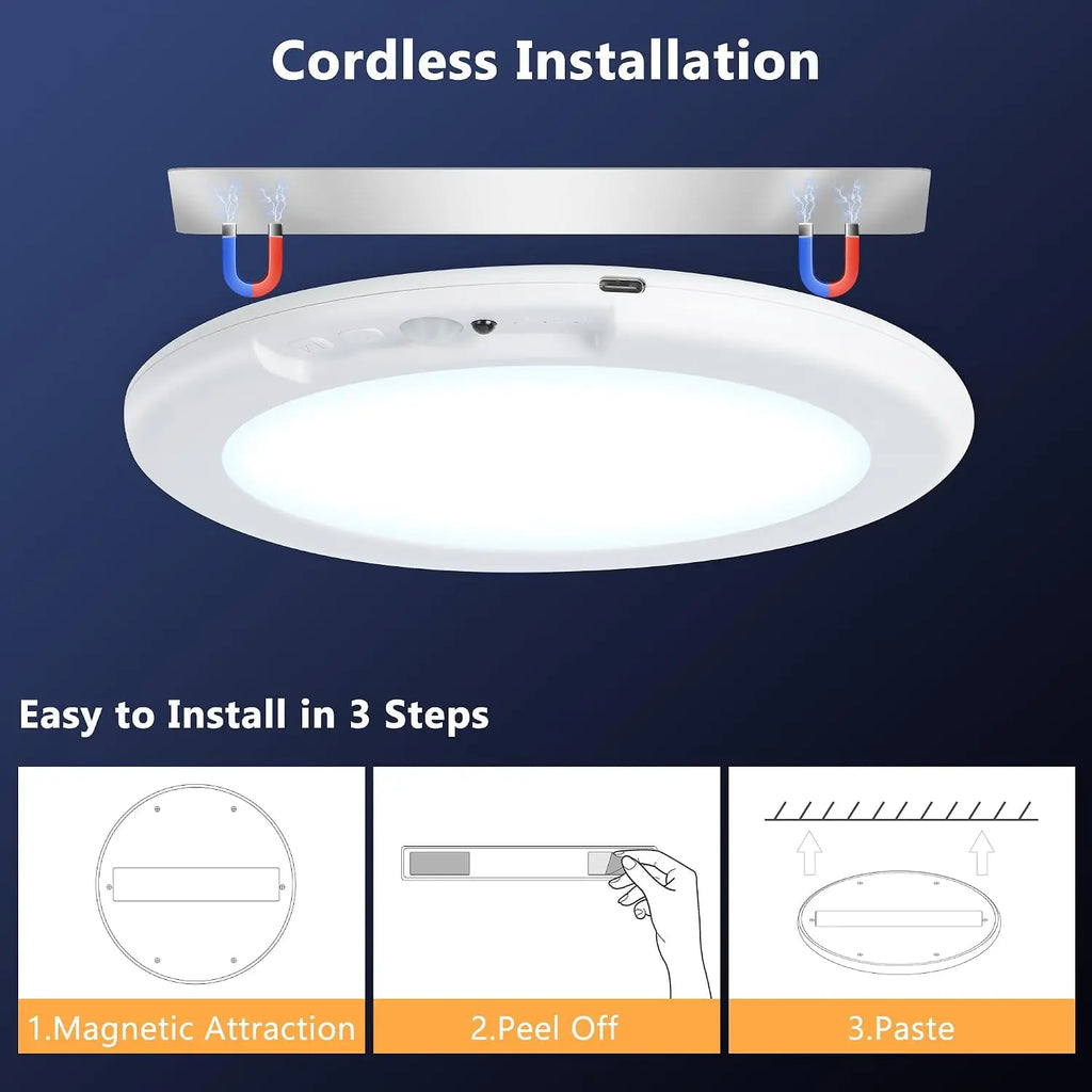 2/4Pcs Rechargeable Ceiling Lights, Motion Sensor Lights No Wiring, Wireless Closet Lights Battery Operated, for Bathroom Laundry Room Kitchen Porch Stair Hallway Shower Pantry Garage