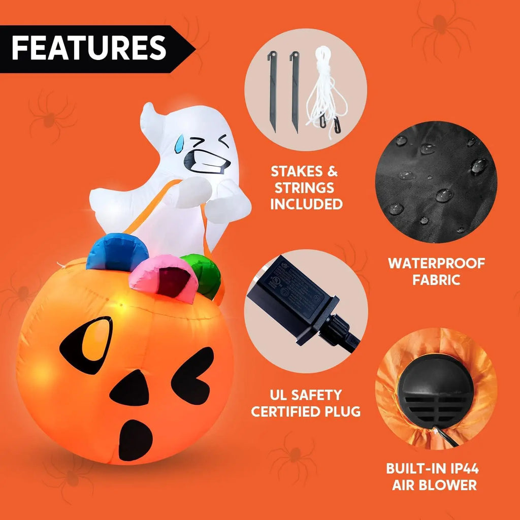 5 FT Tall Halloween Inflatables Outdoor Decorations Cute Ghost Blow Up Ghost Lift Pumpkin Candy Bag with Build-in LEDs For Halloween Gifts - Seasonal & Holiday from Linloft.