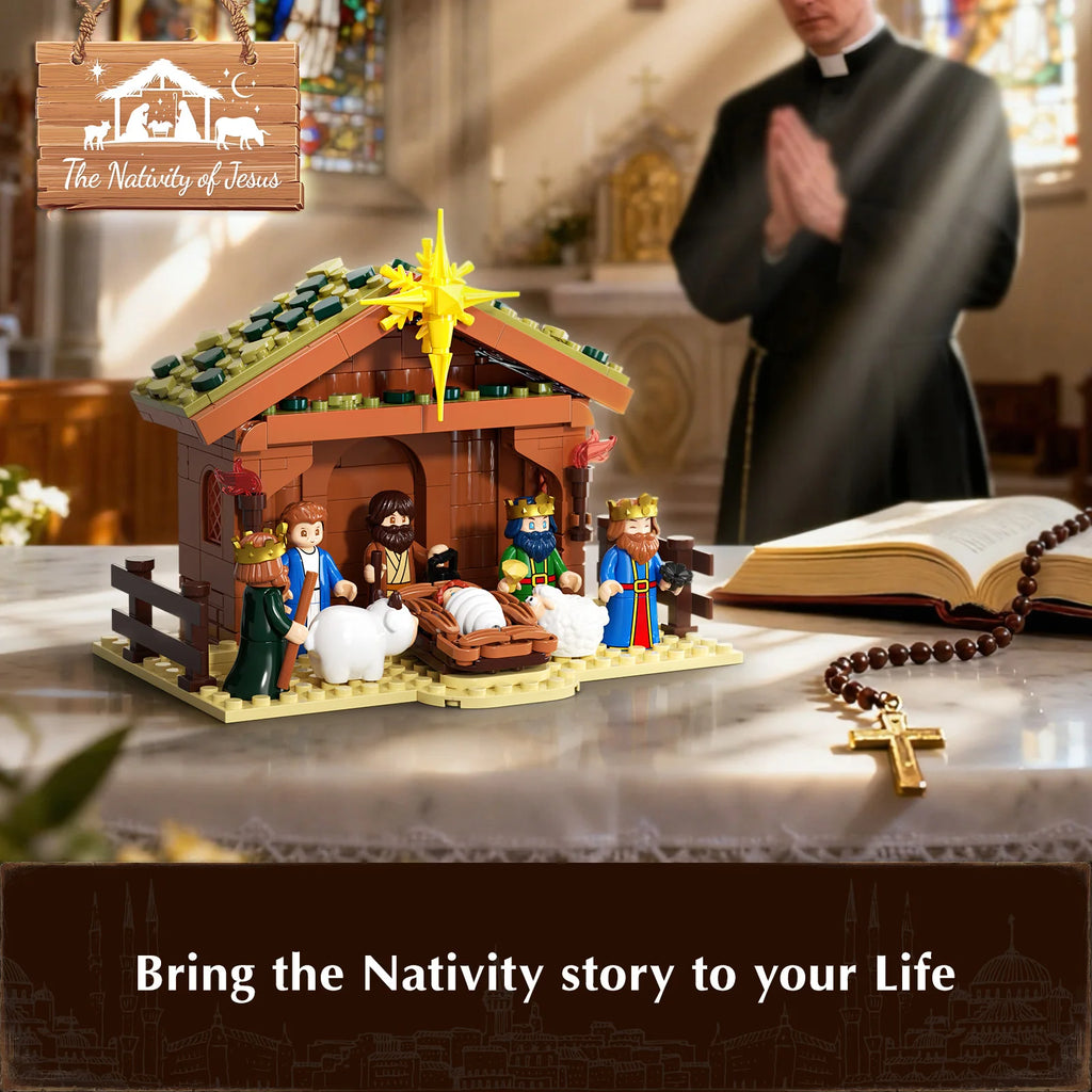 JAKI Christmas Nativity Scene Set Building Blocks Model Kit Manger Stable Tabletop Holiday Decor Home Display Gift Collectors Christian Jesus Birth Xmas Village Decoration Ornaments Halloween Birthday