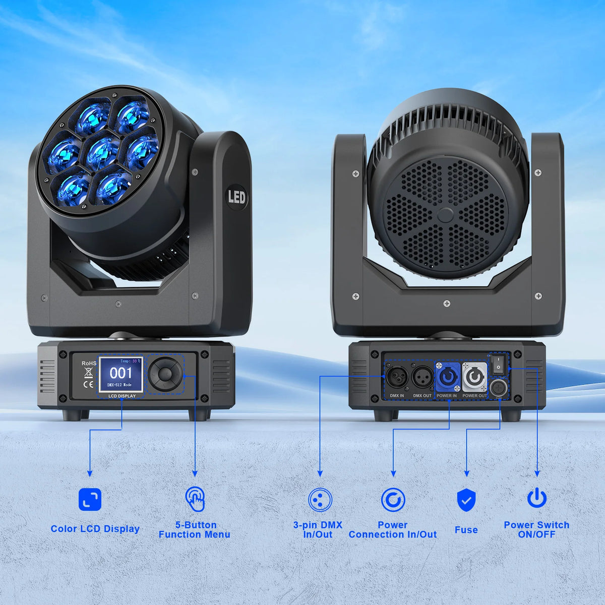 U'King 300W Moving Head DJ Lights LEDs BEE'S EYE Stage Lights DMX Control & Sound Activated For DJ Bar Christmas Wedding Party