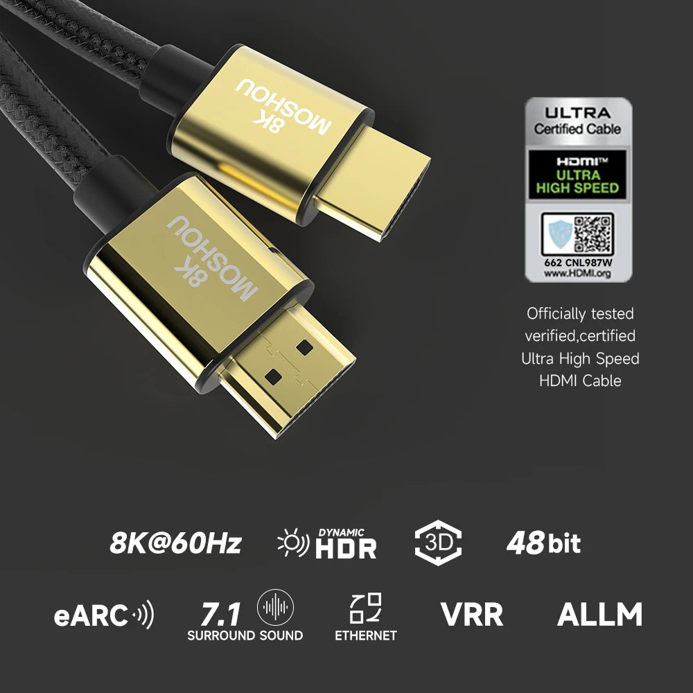 MOSHOU HDMI 2.1 Cable 8K 60Hz 4K 120Hz 48Gbps HDMI Splitter Cables EARC HDR10+ Video Cable HDMI2.1 for TV Box PS5