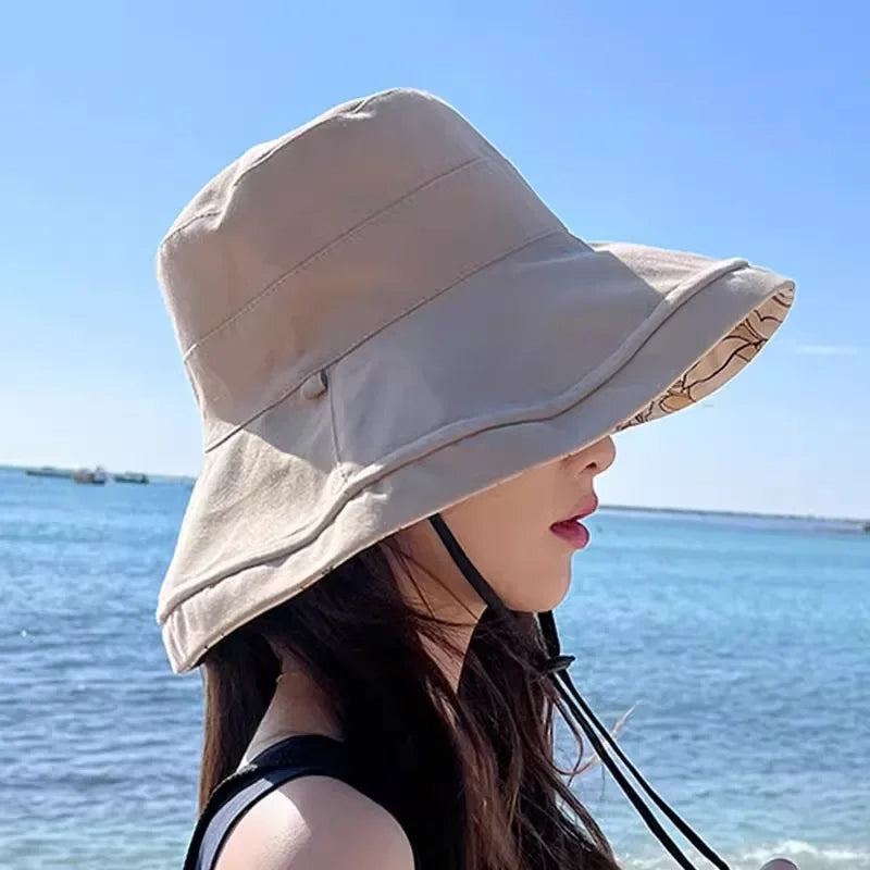 1×Women's Sun Protection Fishing Cap Full Face Bucket Cap Spring Summer Outdoor Large Brim UV Protection Hat with Windproof Rope