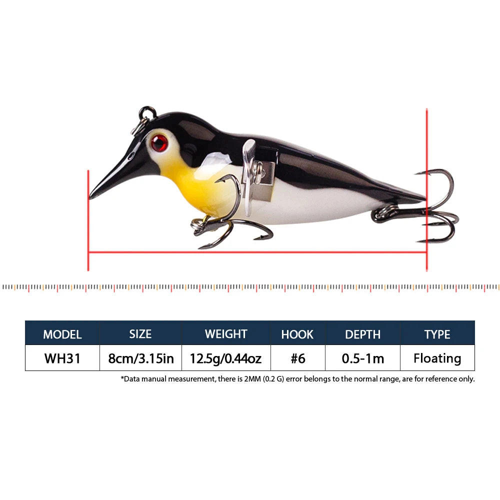 Hanlin 8cm/12g Simulation Penguin Topwater Popper Bait Floating Birds Fishing Lure Metal Wings Wobbler Swimbait Pike Bass Tackle
