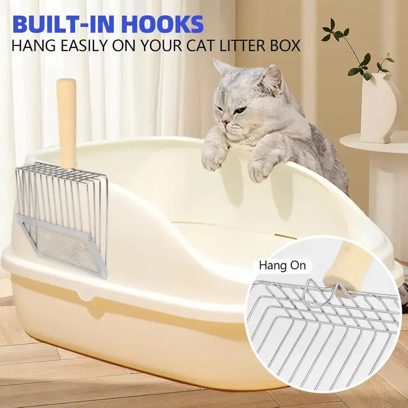Cat Litter Shovel Wood Handle Metal Scooper with Hook Portable Stainless Steel Sifting Kitten Toilet Cleaning Tool Pet Products - Pet Supplies from Linloft.