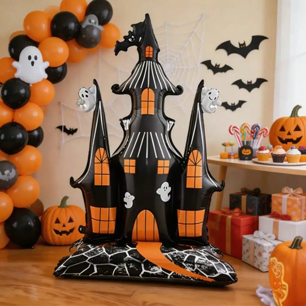 1pc Halloween Haunted Castle Foil Balloon, 59.06in Large Spooky Ghost Bat Castle Mylar Balloon, Halloween Party Table Centerpiece Decor Supplies