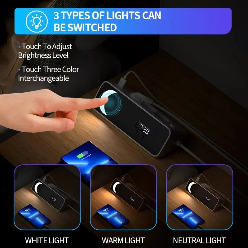 EU Angle Extension Power Strip With Night Light Clock 2 USB 2 Type‑C Ports for Desktop Home Indoor Application - Electronics & Accessories from Linloft.