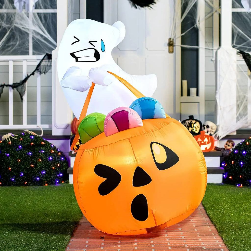 5 FT Tall Halloween Inflatables Outdoor Decorations Cute Ghost Blow Up Ghost Lift Pumpkin Candy Bag with Build-in LEDs For Halloween Gifts - Seasonal & Holiday from Linloft.