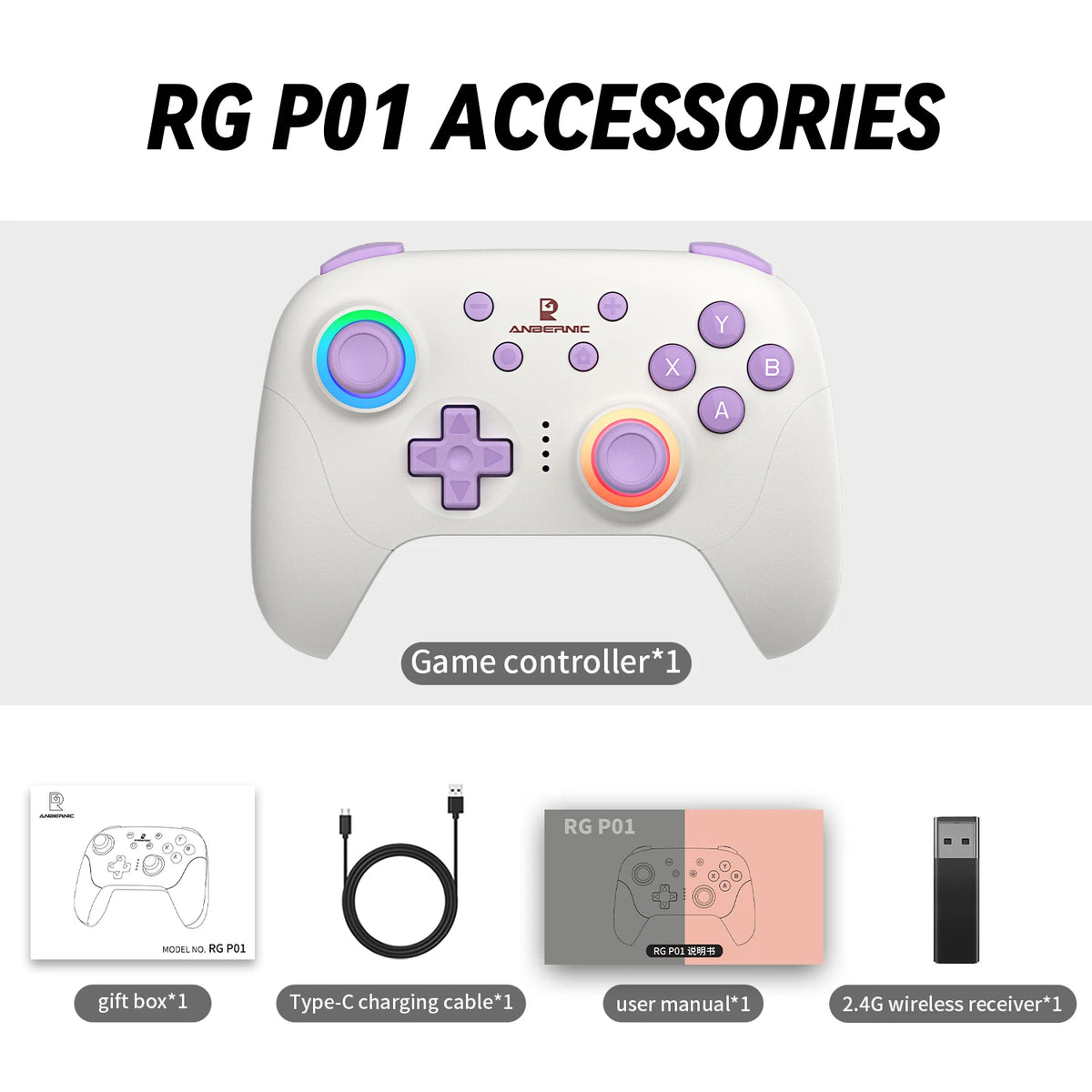 ANBERNIC RG P01 Retro Games Controller Wired/Wireless Bluetooth RGB Hall Effect Joystick XBOX Gamepad for PC Android IOS Steam - Gaming Accessories from Linloft.