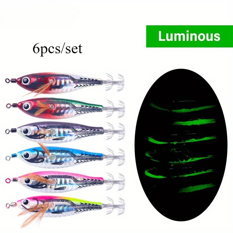 Ackibbik 6pcs Luminous Horizontal Squid Jig Saltwater Squid Glow Jigs Horizontal Sea Shrimp Jig Lure Squids Hook Night Fishing