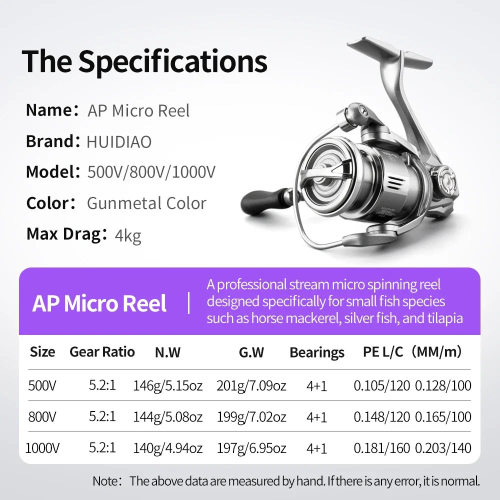 Huidiao 140g Ultralight Spinning Reel 500/800/1000 Small Fishing Reel 4+1BB 4kg Max Drag Metal Spool/Handle for Finesse Fishing