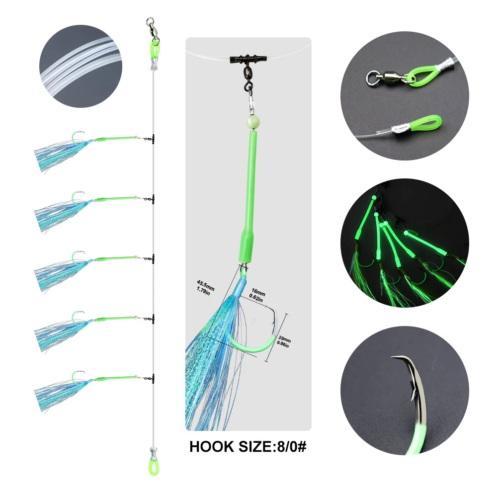 ZYZHE 1pc Deep Drop Rigs With 5 Luminous Circle Hooks Saltwater Boat Fishing Bait Rigs Ideal For Tuna Cod Redfish Marlin