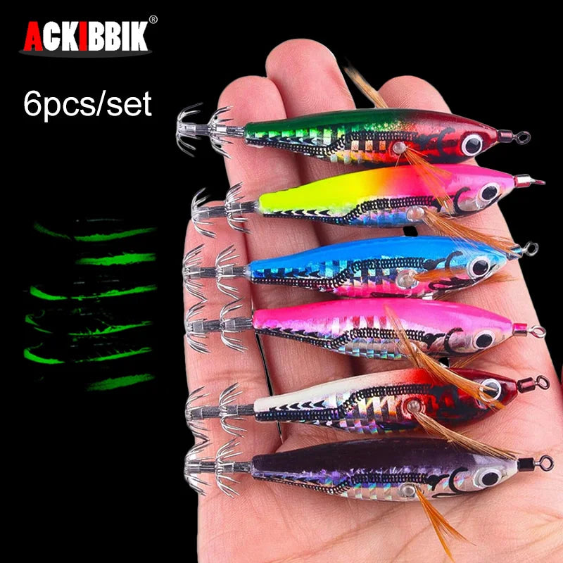 Ackibbik 6pcs Luminous Horizontal Squid Jig Saltwater Squid Glow Jigs Horizontal Sea Shrimp Jig Lure Squids Hook Night Fishing