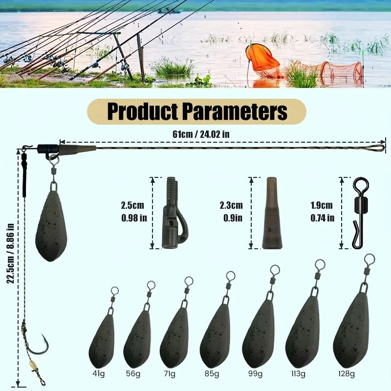 Carp Fishing Ready-to-Fish Rigs Kit,Includes Leadcore Leader with 4pcs Tied Hair Rigs & Weights (42g/56g/71g/85g/99g/113g/128g)