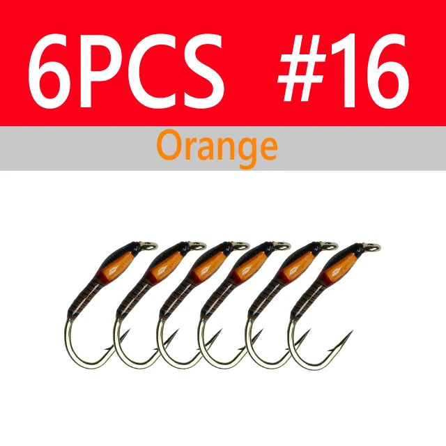 Wifreo 6PCS UV Glow Epoxy Buzzer Midge Nymph Fly Fluorescent Peacock Quill Nymph Trout Perch Grayling Fishing Lures Bait #10~#16