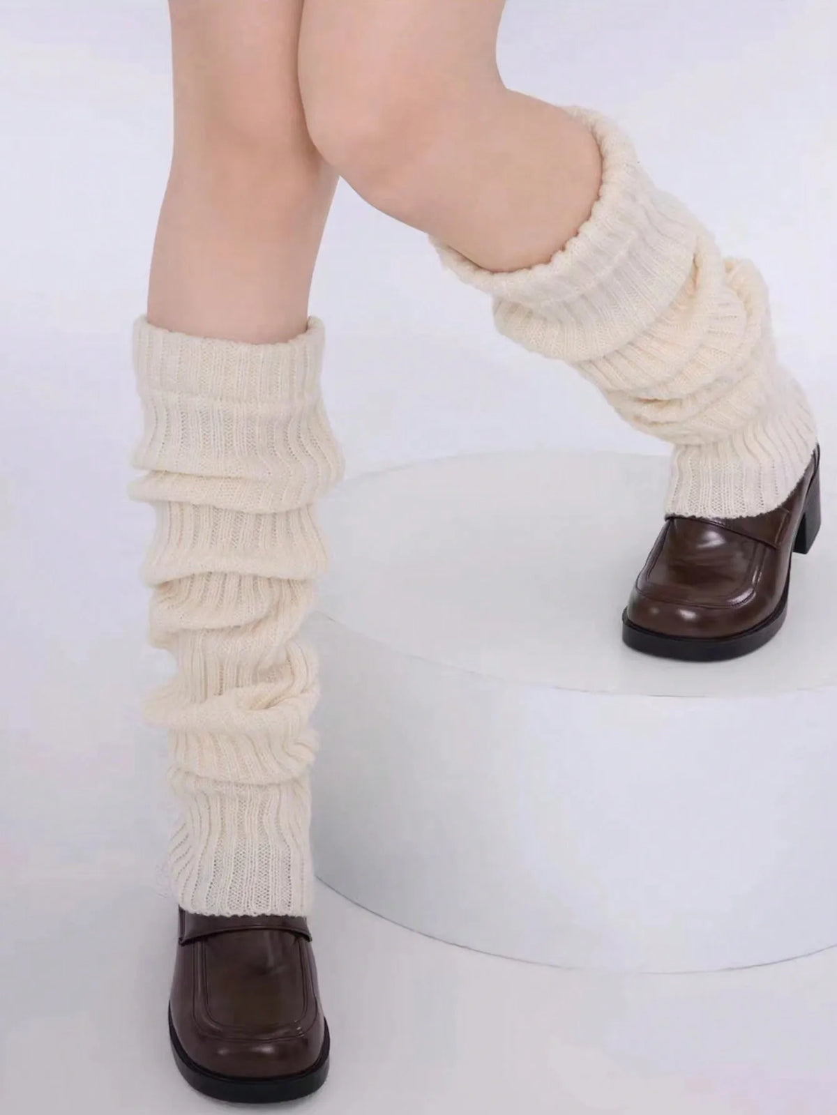 1 Pair Women's Solid Color Vertical Stripe Decorated Sweet And Cute Leg Warmers, Suitable For Spring, Autumn And Winter - Apparel & Accessories from Linloft.