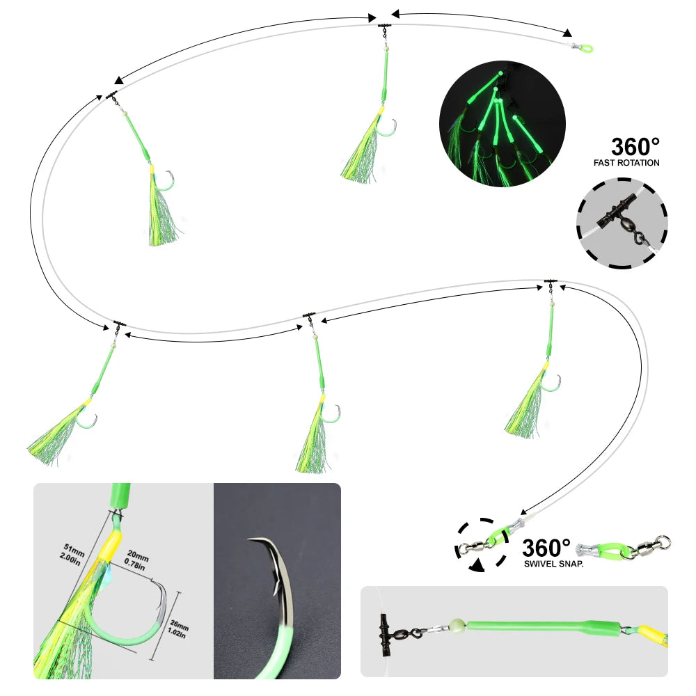ZYZHE 1pc Deep Drop Rigs With 5 Luminous Circle Hooks Saltwater Boat Fishing Bait Rigs Ideal For Tuna Cod Redfish Marlin