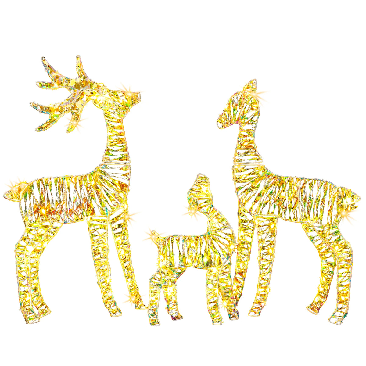 3-Piece Lighted Reindeer Family Christmas Decor – 110 Warm White LED, Iridescent Finish, Weatherproof Metal Frame, for Indoor/Outdoor Yard, Porch, Garden – Easy Assembly, Festive Holiday Display