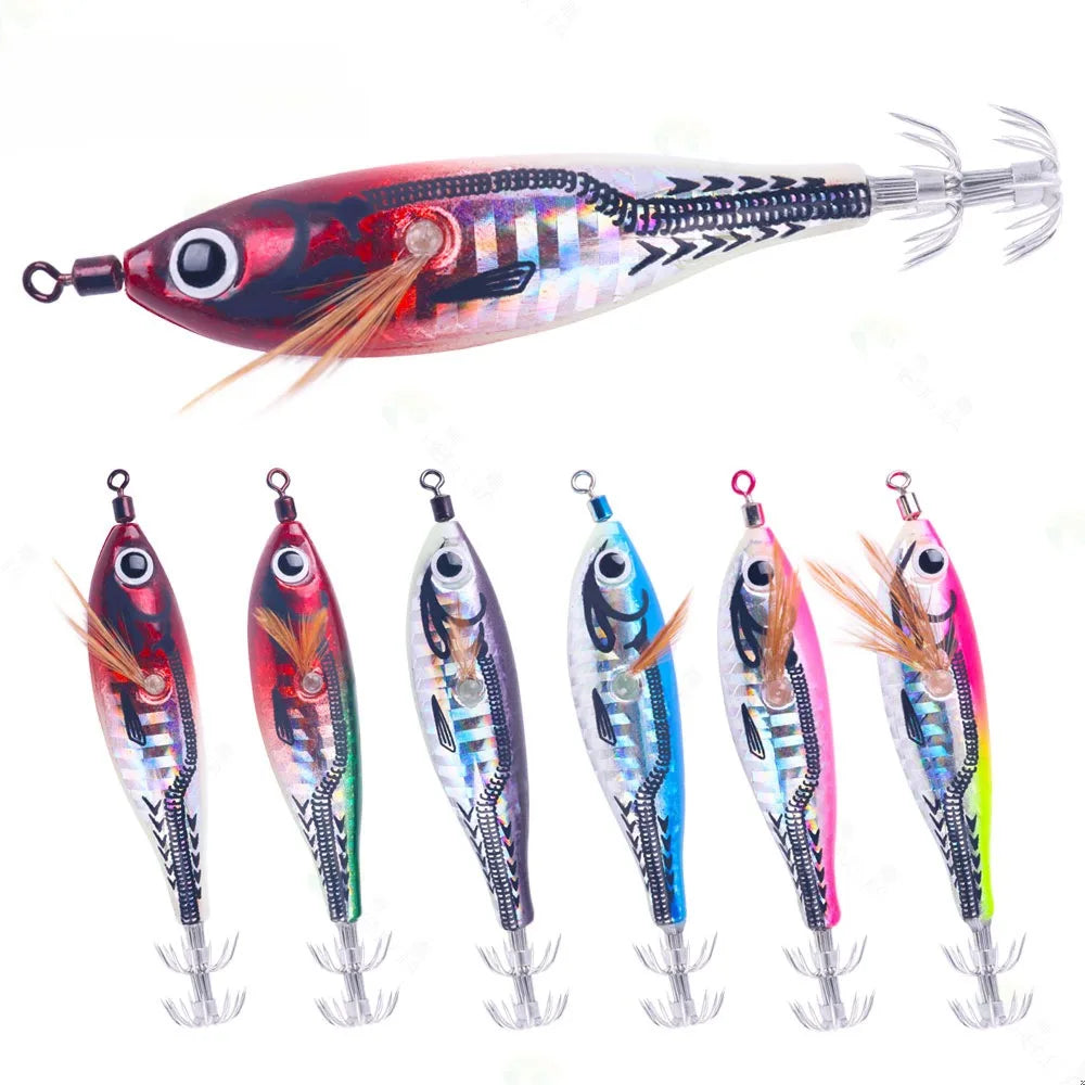Ackibbik 6pcs Luminous Horizontal Squid Jig Saltwater Squid Glow Jigs Horizontal Sea Shrimp Jig Lure Squids Hook Night Fishing