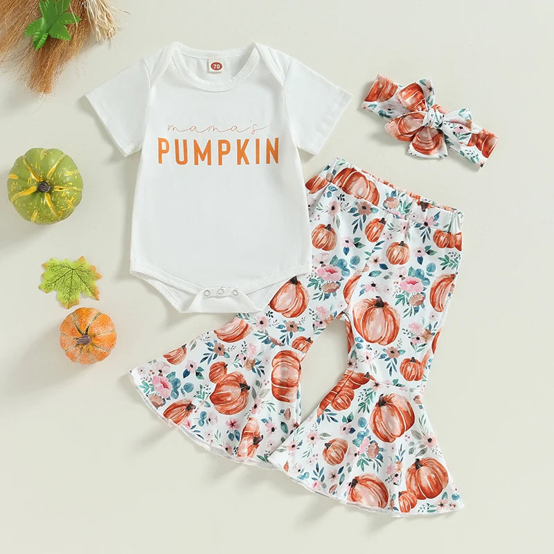 Citgeett Summer Halloween Infant Baby Girls Clothes Letter Print Short Sleeves Romper and Pumpkin Print Flare Pants Headband