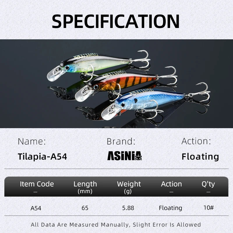 ASINIA-JACK Minnow Fishing Lures, 65mm, 6g Floating Swimming, High Quality Hard Baits, Noise System, Wobblers for Bass and Pike