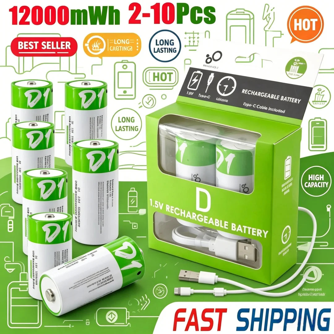 12000mWh 1.5V D Size LR20 Lithium Rechargeable Battery with Type-C Charging Cable, For Gas Stoves and Water Heaters Etc... - Electronics & Accessories from Linloft.