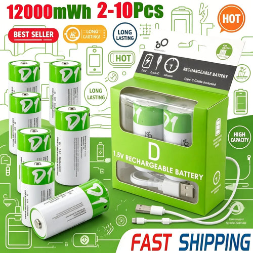 12000mWh 1.5V D Size LR20 Lithium Rechargeable Battery with Type-C Charging Cable, For Gas Stoves and Water Heaters Etc... - Electronics & Accessories from Linloft.