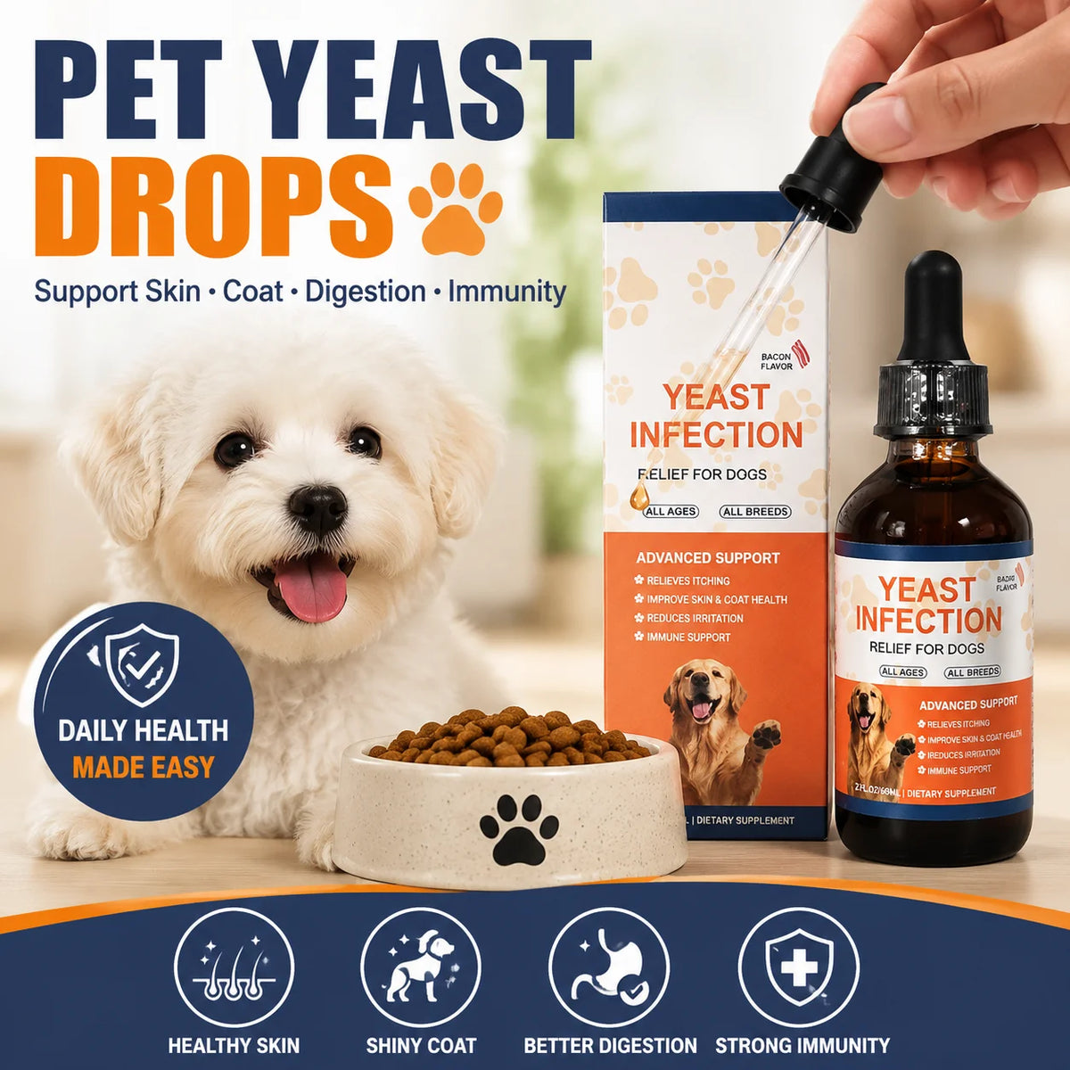 Dog Yeast Infection Relief Drops Itch Relief Pet Liquid Supplement Skin Coat Health Ear Eye Care Bacon Flavor 60ml - Pet Supplies from Linloft.