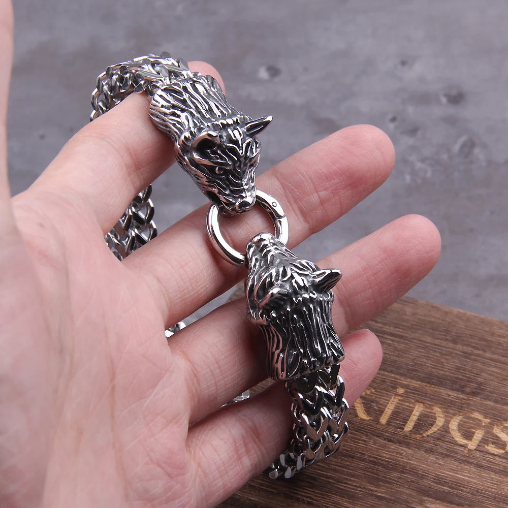 Never Fade Rock Viking Wolf Charm Bracelet Men's Stainless Steel Mesh Chain Gold Wolf Punk Jewelry without box