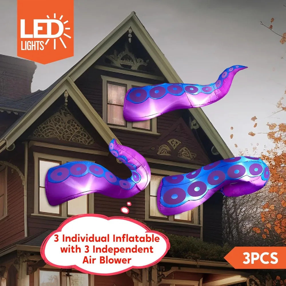 3 Pcs Octopus Tentacle Halloween Inflatables Outdoor Window Decorations Octopus Legs with Build-in LEDs Halloween Front Door Window Roof Prop, Outdoor Holiday Blow up Decor for Garden Lawn