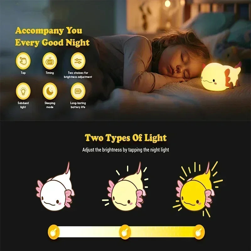 Cute Axolotl Night Light Silicone Nursery Sleeping Lamp Touch Control Nightlights USB Rechargeable Table Lamp for Child - Home Lighting from Linloft.