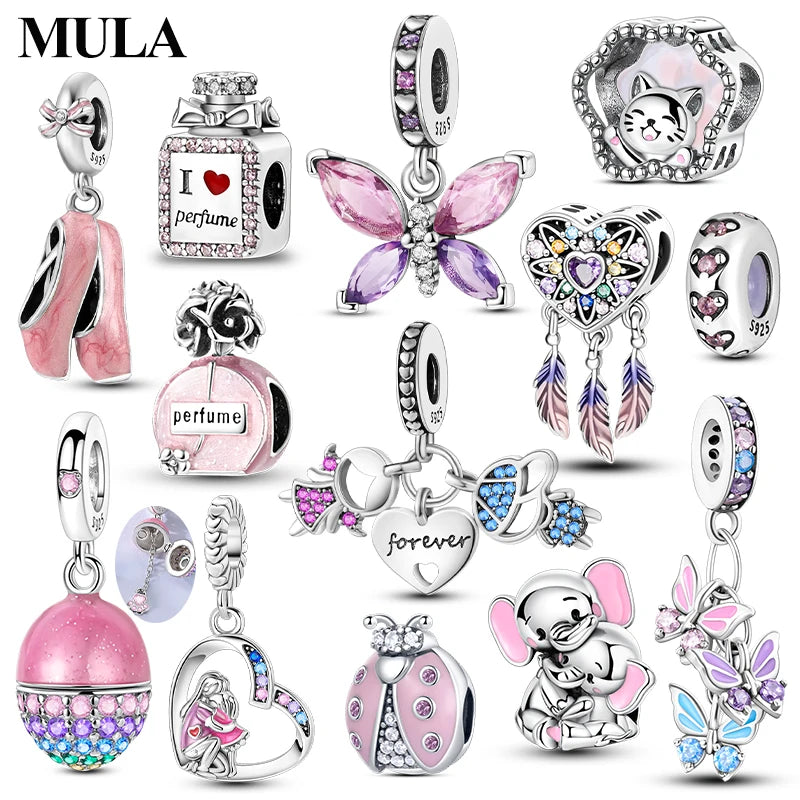 MULA Pink 925 Sterling Silver Charms Pendant Perfume Dreamcatcher Heart Love Beaded Fit Original Bracelet Women DIY Jewelry Gift - Bracelets from Linloft.