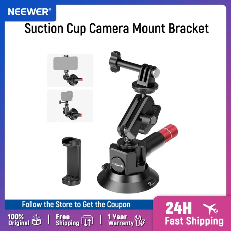 NEEWER 3" Suction Cup Camera Mount Bracket with Ball Head Magic Arm Quick Release Car Mount For iPhone DJI Insta360 CA104