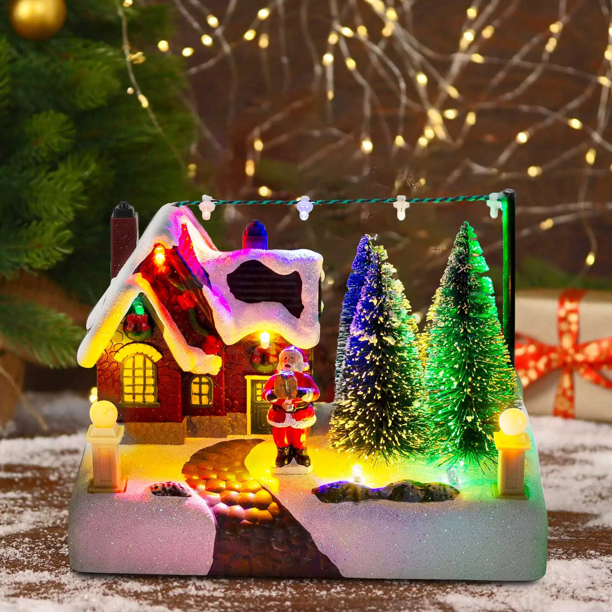Christmas Village Scene Collectible Building with Lights Trees Santa Claus Snow Town Landscape Decor Holiday Home Desk Fireplace