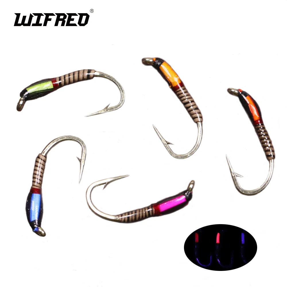 Wifreo 6PCS UV Glow Epoxy Buzzer Midge Nymph Fly Fluorescent Peacock Quill Nymph Trout Perch Grayling Fishing Lures Bait #10~#16