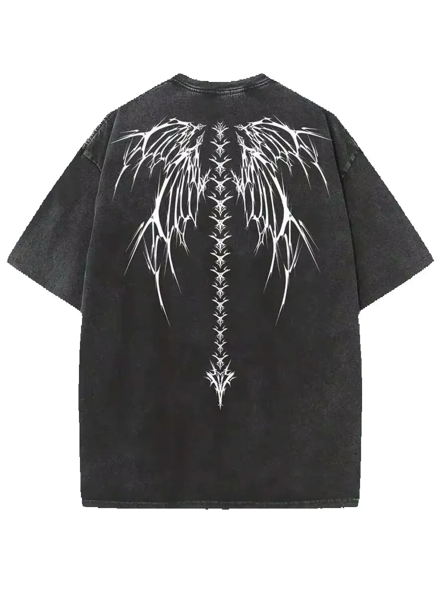 Black Vintage Washed Batik Cotton Oversized T-Shirt, White Gothic Wings Back Print Unisex Soft Loose Comfort Streetwear Graphic Tee - T-Shirts from Linloft.