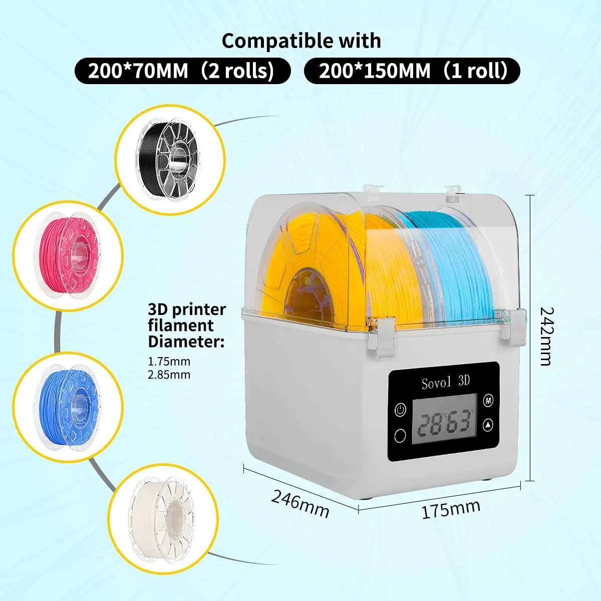 Sovol 2 Rolls Filament Dehydrator Spool Holder Filaments Dry Box for 1.75mm, 2.85mm ABS PLA PETG TPU FDM Material 3D Printer - 3D Printing Accessories from Linloft.