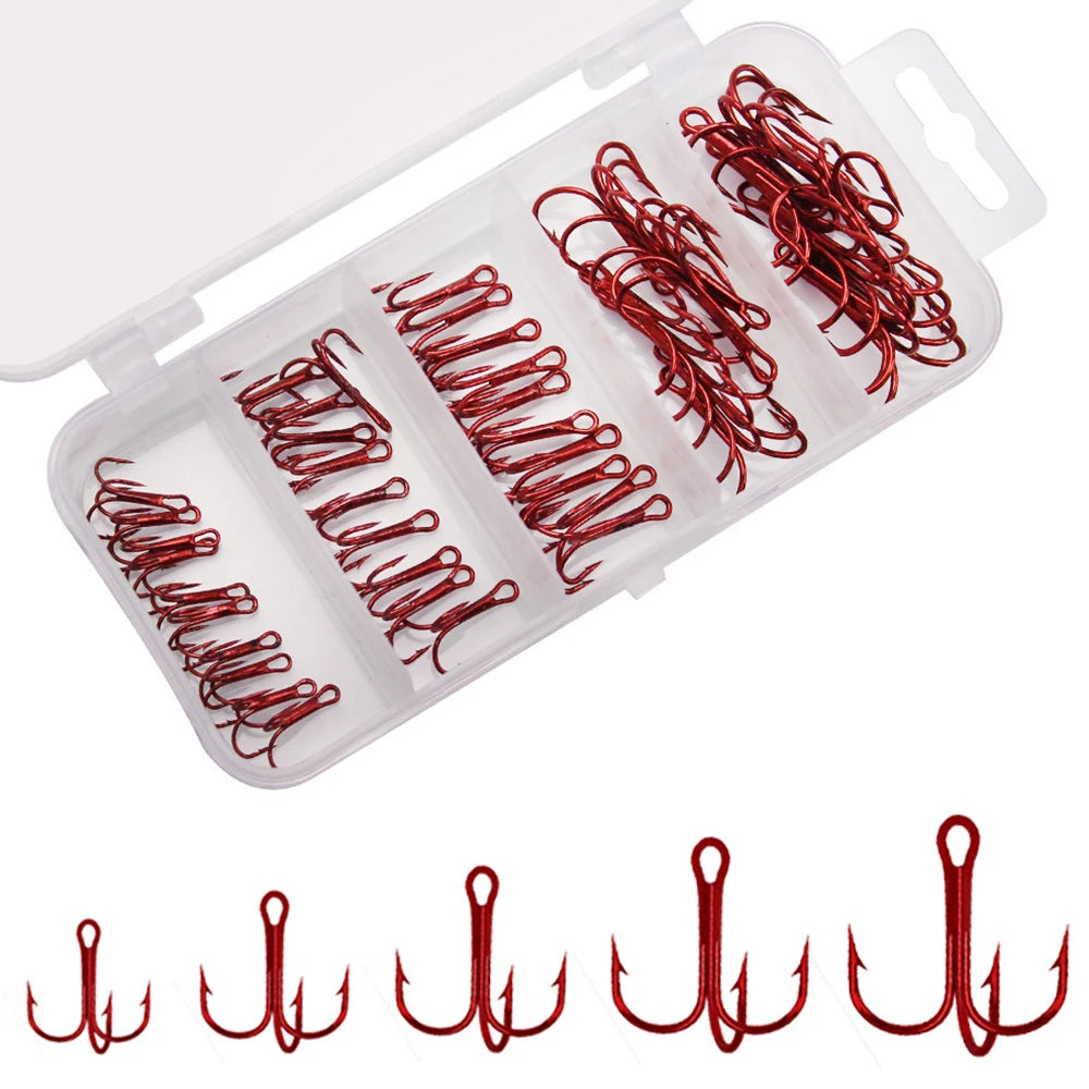 50pcs/box Triple Fishing Hooks Set Carbon Steel Barbed Treble Fishhooks for Lures Sea Fishing Accessories Tackle Tools